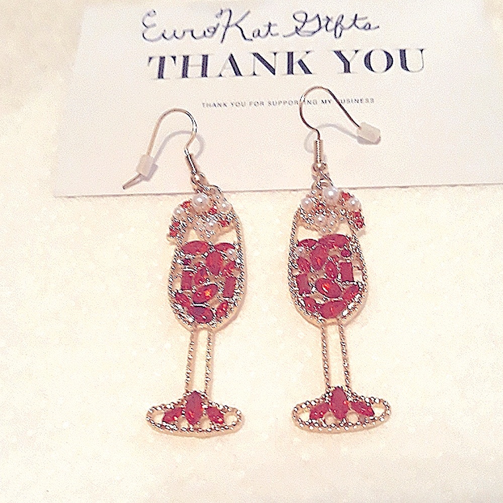 BEAUTIFUL Champagne Dangle    Earrings Gold Red Pearl CZ Bubble Sparkly PartyNEW